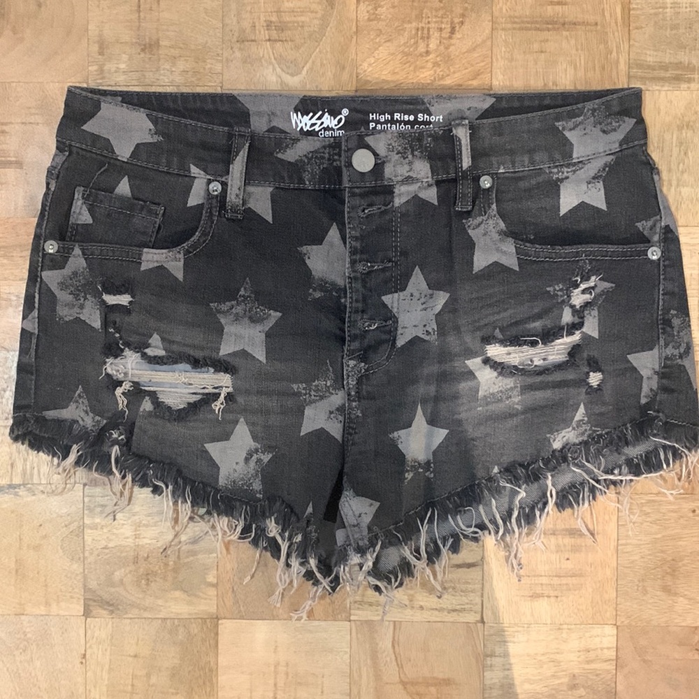 Denim jean shorts.  2” inseam.  Printed. Distressed.